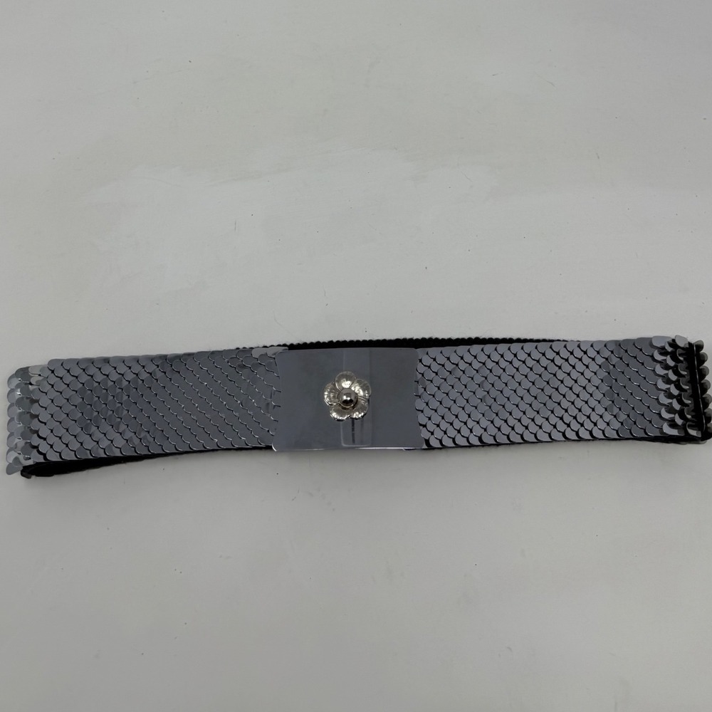 Vintage Gunmetal Sequin Elastic Cinch Belt with Silver Flower Buckle 24 Inch